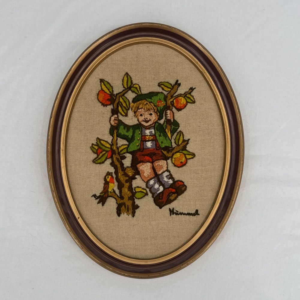Vintage Paragon Needlecraft Hummel Boy Apple Tree Crewel Embroidery Framed 9x12